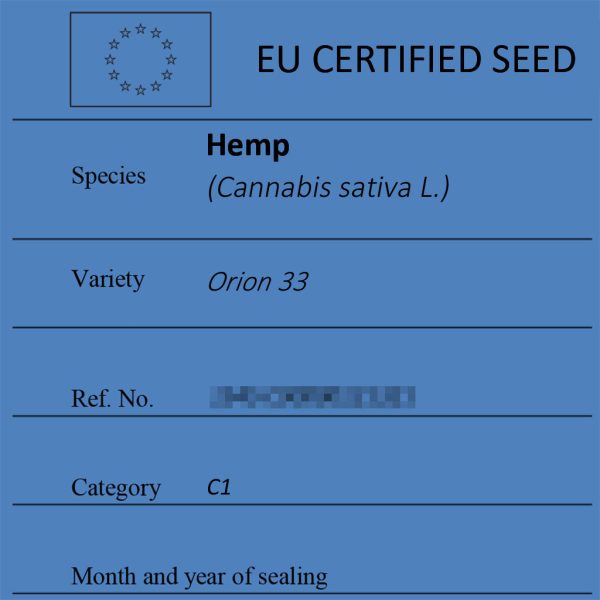 Certified hemp seeds Orion 33 label