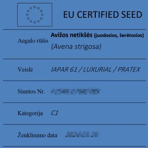 Avižos netikšės (juodosios, šerėtosios) Avena strigosa sertifikuotos seklos etikete