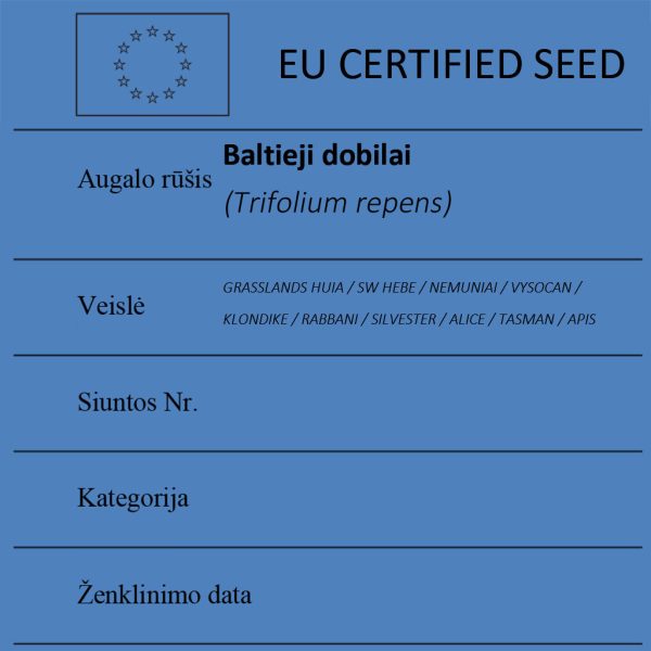 Baltieji dobilai Trifolium repens sertifikuotos seklos etikete