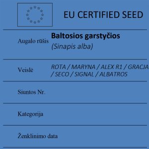 Baltosios garstyčios Sinapis alba sertifikuotos seklos etikete