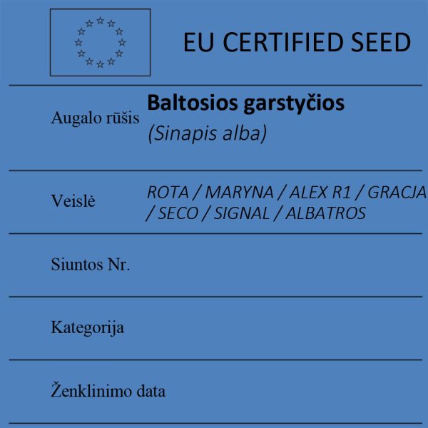 Baltosios garstyčios Sinapis alba sertifikuotos seklos etikete