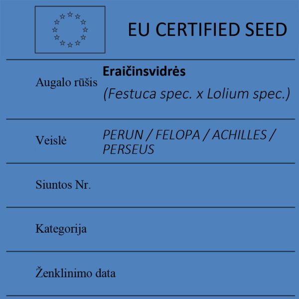 Eraičinsvidrės Festuca spec. x Lolium spec. sertifikuotos seklos etikete