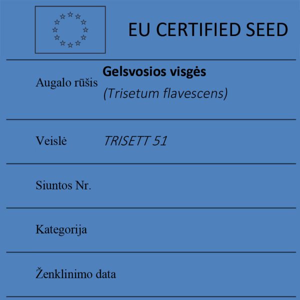 Gelsvosios visgės Trisetum flavescens sertifikuotos seklos etikete