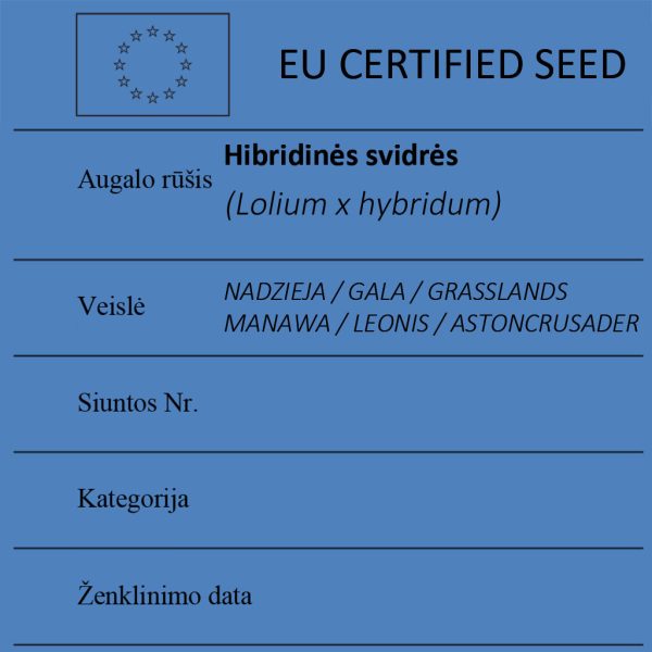 Hibridinės svidrės Lolium x hybridum sertifikuotos seklos etikete