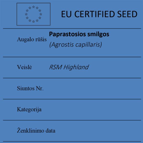Paprastosios smilgos Agrostis capillaris sertifikuotos seklos etikete