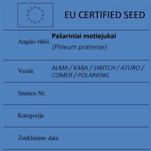 Pašariniai motiejukai Phleum pratense sertifikuotos seklos etikete