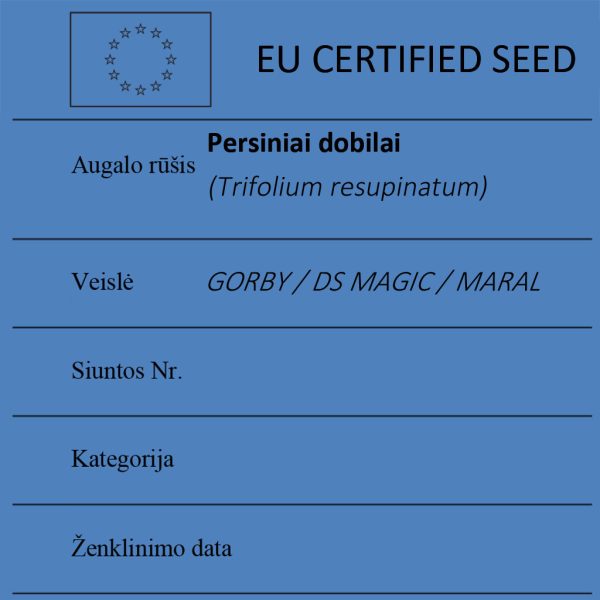 Persiniai dobilai Trifolium resupinatum sertifikuotos seklos etikete