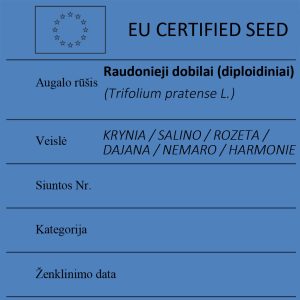 Raudonieji dobilai (diploidiniai) Trifolium pratense L. sertifikuotos seklos etikete