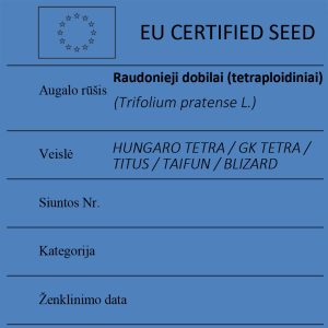 Raudonieji dobilai (tetraploidiniai) Trifolium pratense L. sertifikuotos seklos etikete