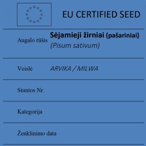 Sėjamieji žirniai Pisum sativum sertifikuotos seklos etikete