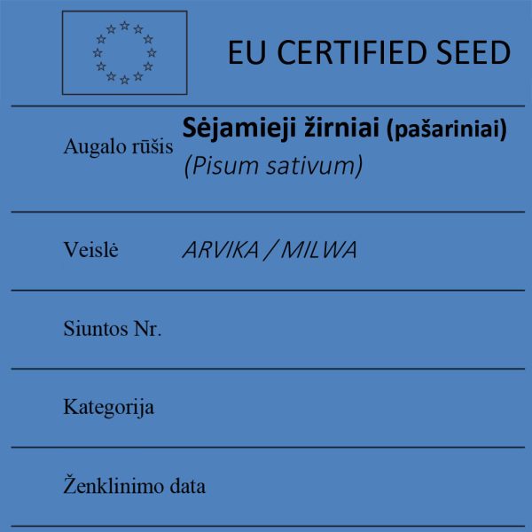Sėjamieji žirniai Pisum sativum sertifikuotos seklos etikete