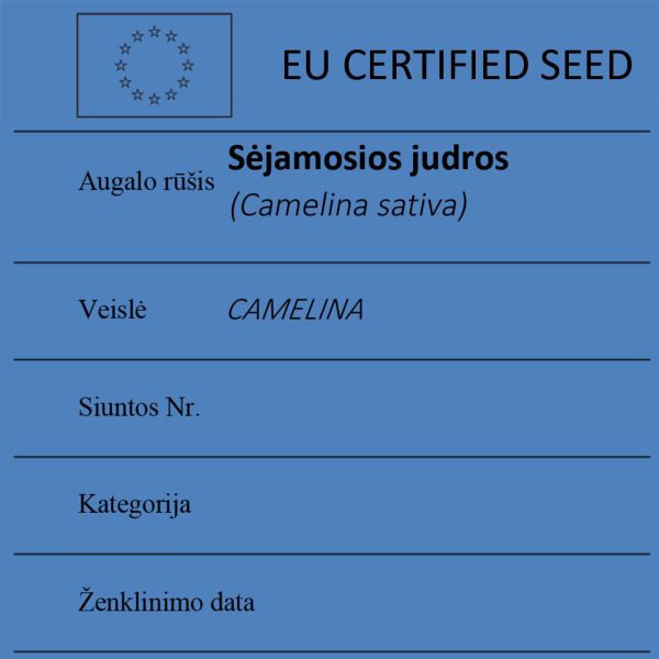 Sėjamosios judros Camelina sativa sertifikuotos seklos etikete