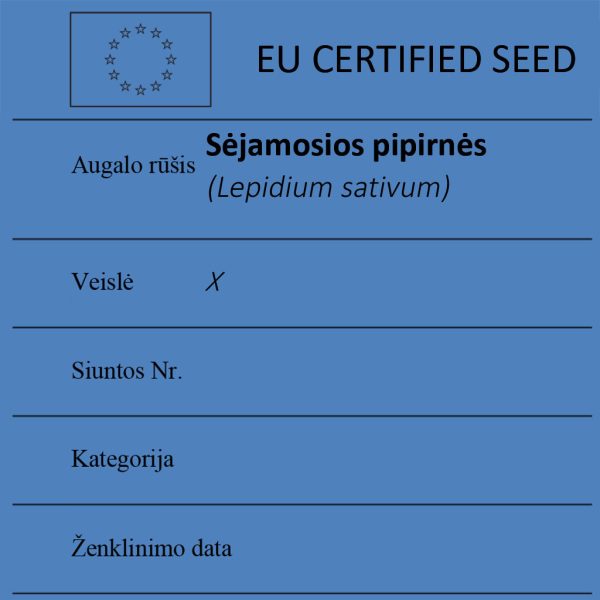 Sėjamosios pipirnės Lepidium sativum sertifikuotos seklos etikete