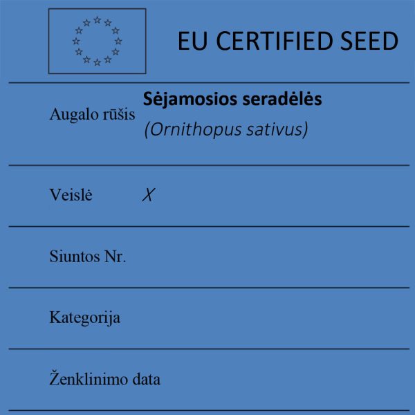 Sėjamosios seradėlės Ornithopus sativus sertifikuotos seklos etikete