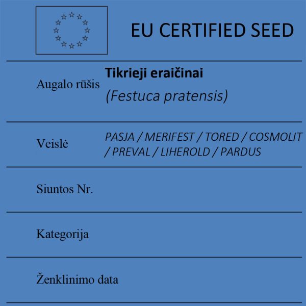 Tikrieji eraičinai Festuca pratensis sertifikuotos seklos etikete