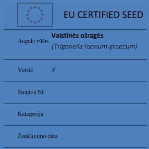 Vaistinės ožragės Trigonella foenum-graecum sertifikuotos seklos etikete