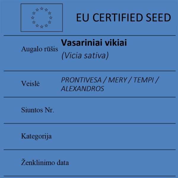 Vasariniai vikiai Vicia sativa sertifikuotos seklos etikete