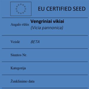 Vengriniai vikiai Vicia pannonica sertifikuotos seklos etikete