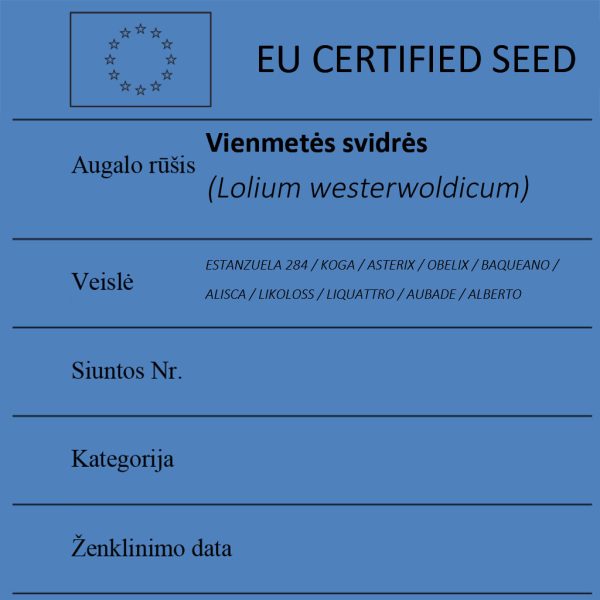 Vienmetės svidrės Lolium westerwoldicum sertifikuotos seklos etikete