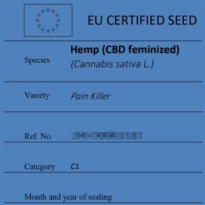 Certified hemp seeds Pain Killer label