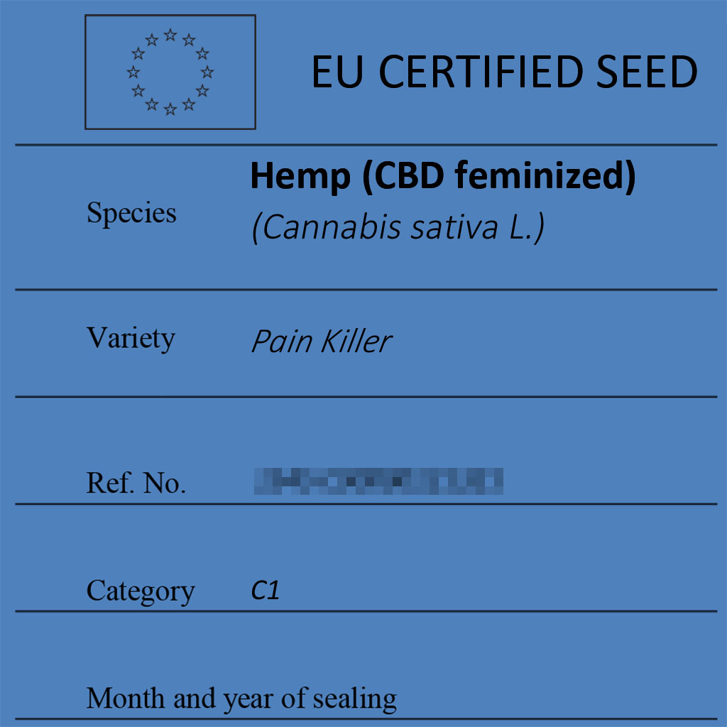 Certified hemp seeds Pain Killer label