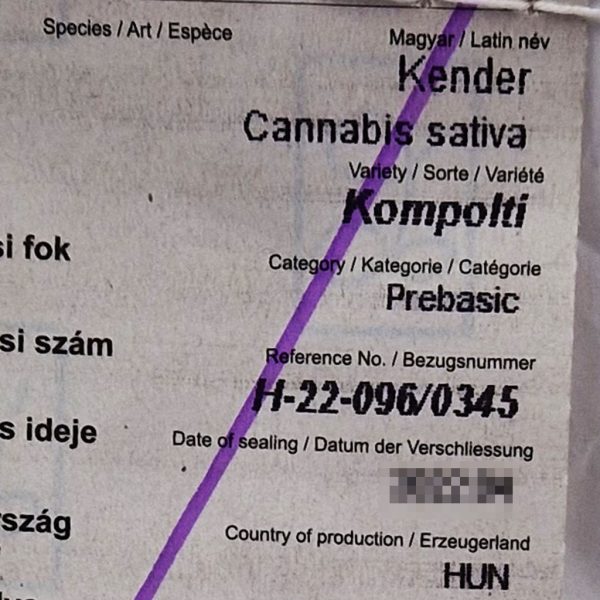 Certified hemp seeds Kompolti label